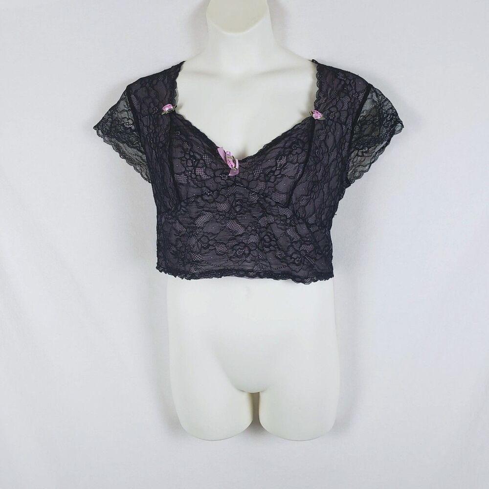 Dolls Kill Sugar Thrillz Romantic Goth Black Lace Crop Top Womens 1X Coquette